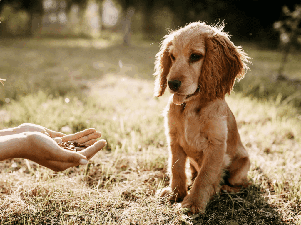 hvinde hånd giver mad til hunden